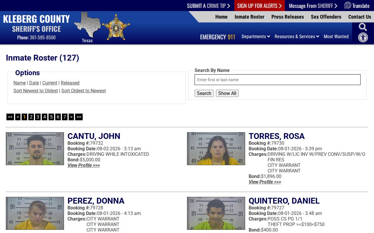 Kenedy County booking photo fields on the Kleberg current roster