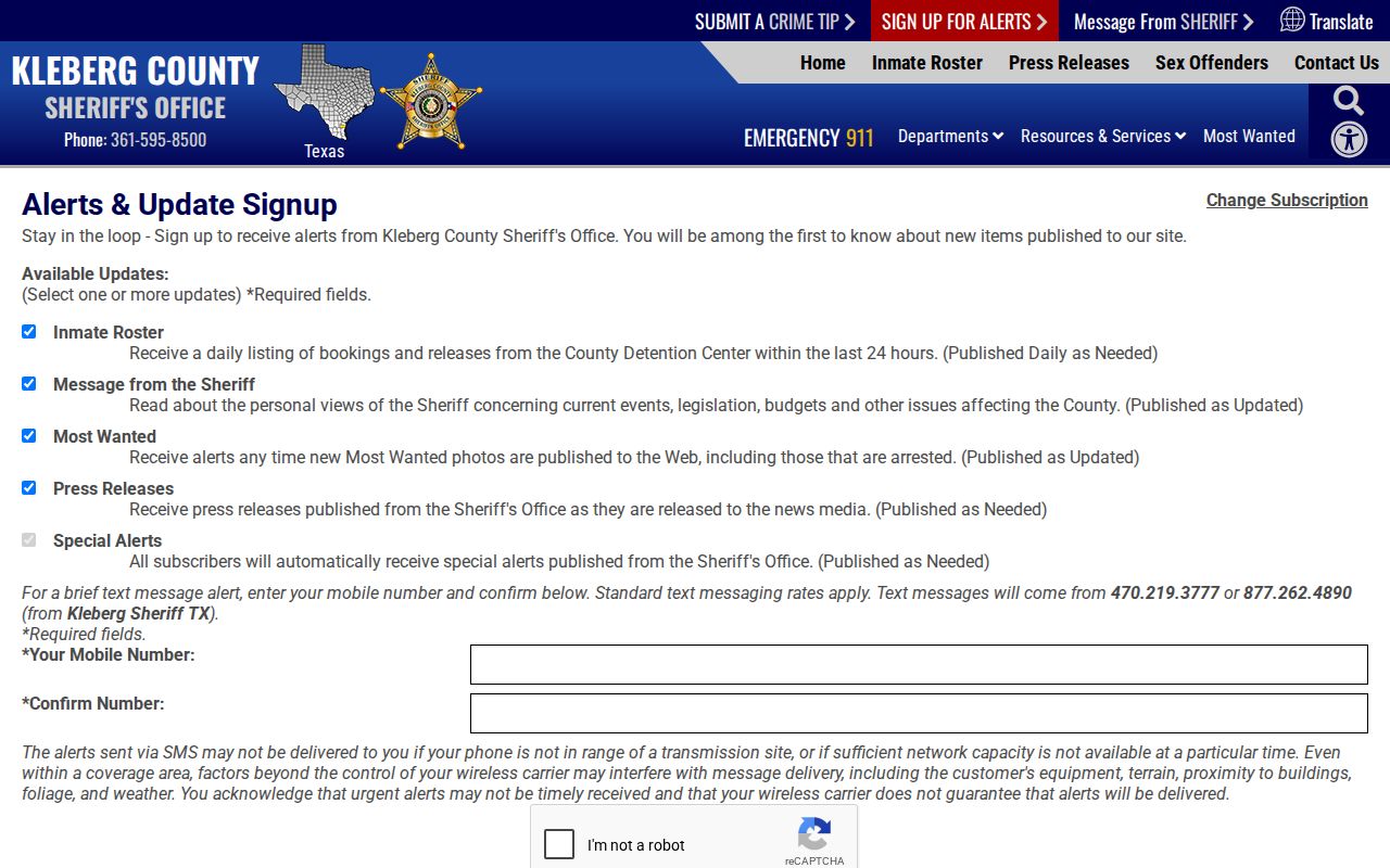Kleberg County text signup for daily as-needed 24-hour booking and release summaries