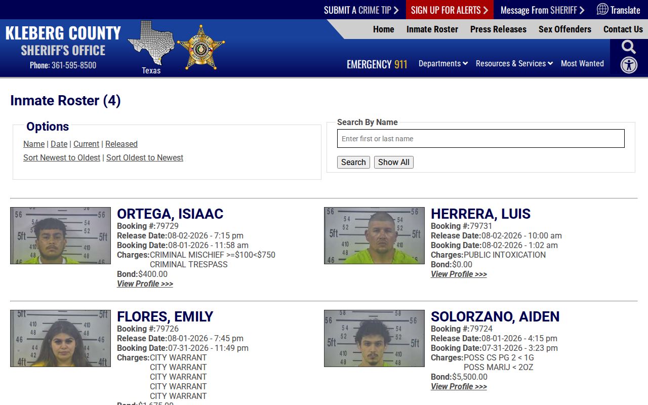 Kenedy County released inmate mugshots on the official Kleberg 48-hour roster