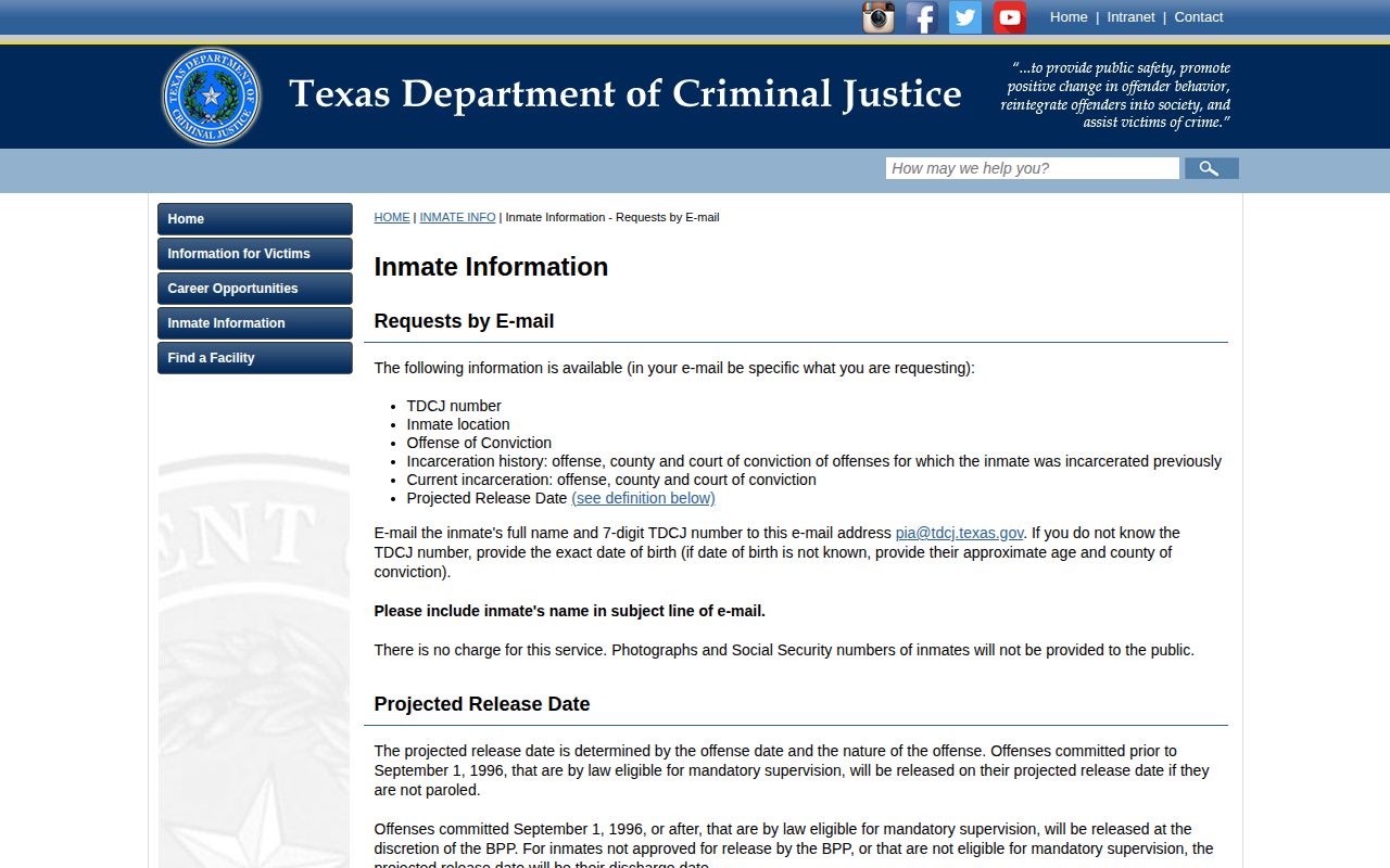 TDCJ email information instructions for released history and date definitions
