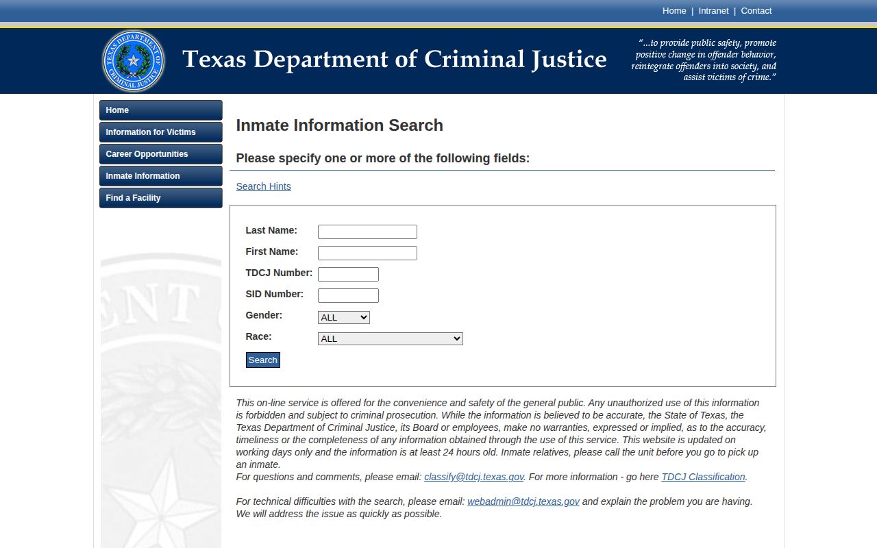 TDCJ search form for current Kenedy County state inmates and projected release data
